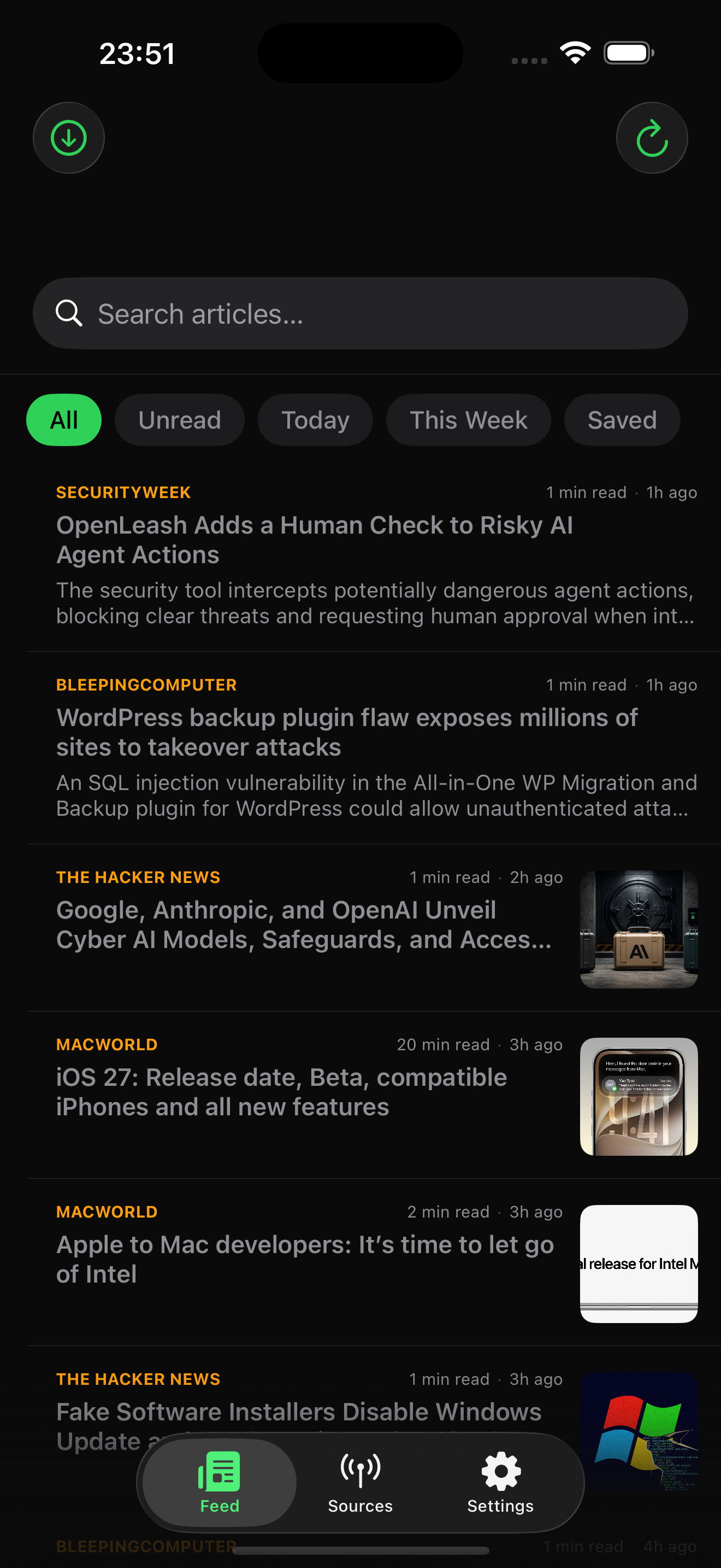 ChronoFeed feed tab showing a chronological list of articles with source names, reading time, and thumbnails.