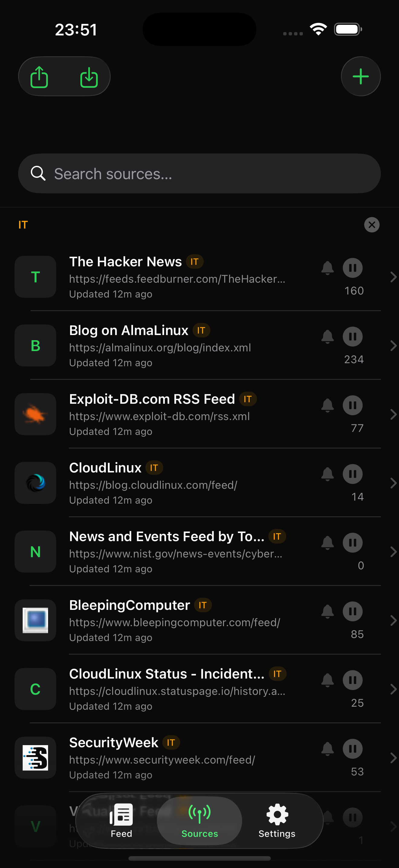 ChronoFeed Sources tab showing categorised feeds, search, and add controls.