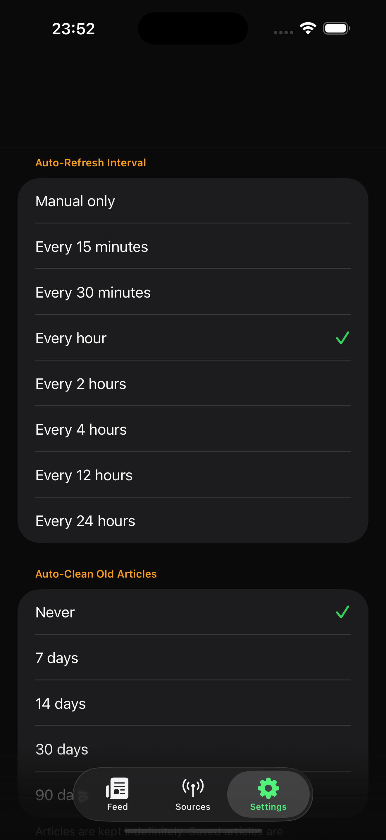 ChronoFeed Settings with auto-refresh interval and auto-clean options.
