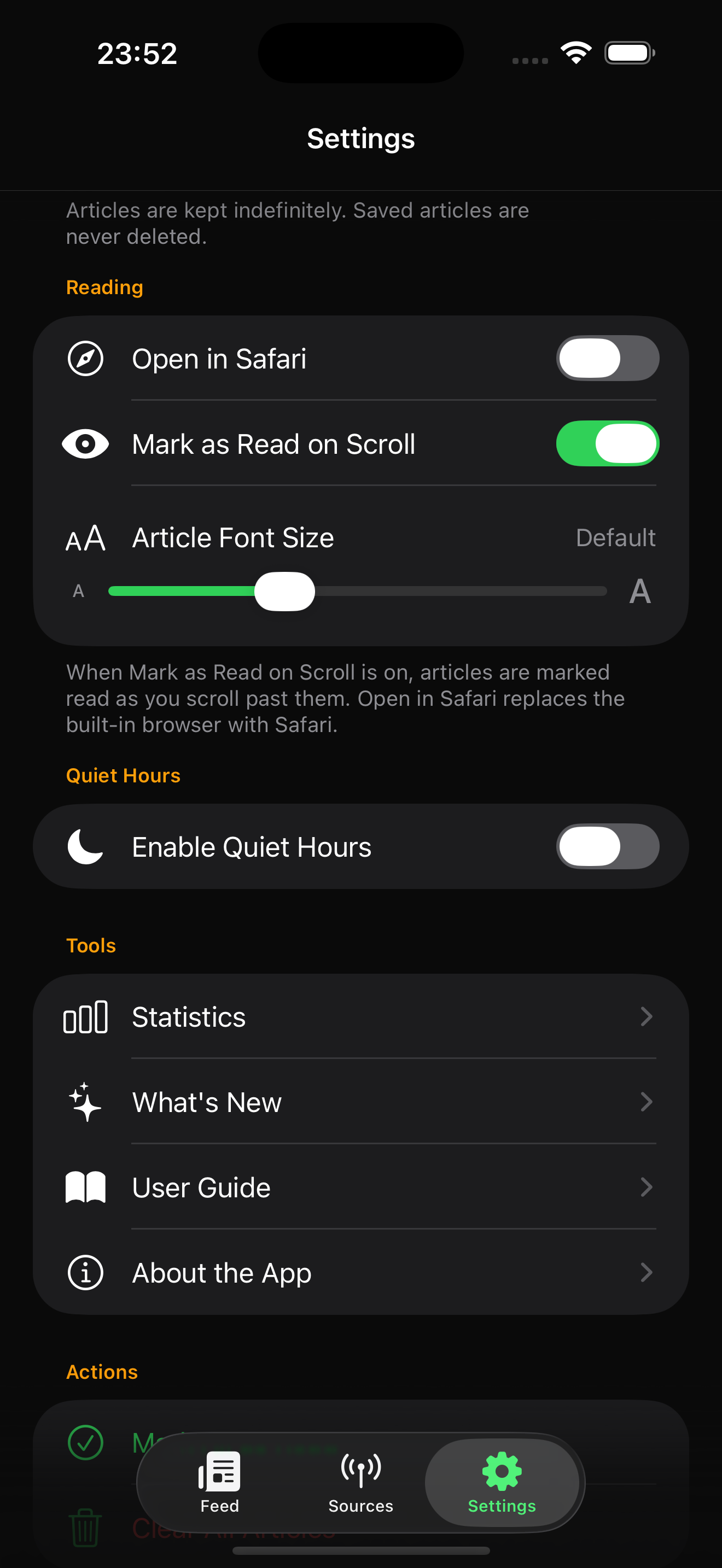 ChronoFeed Settings showing Reading, Quiet Hours, Tools, and Actions.