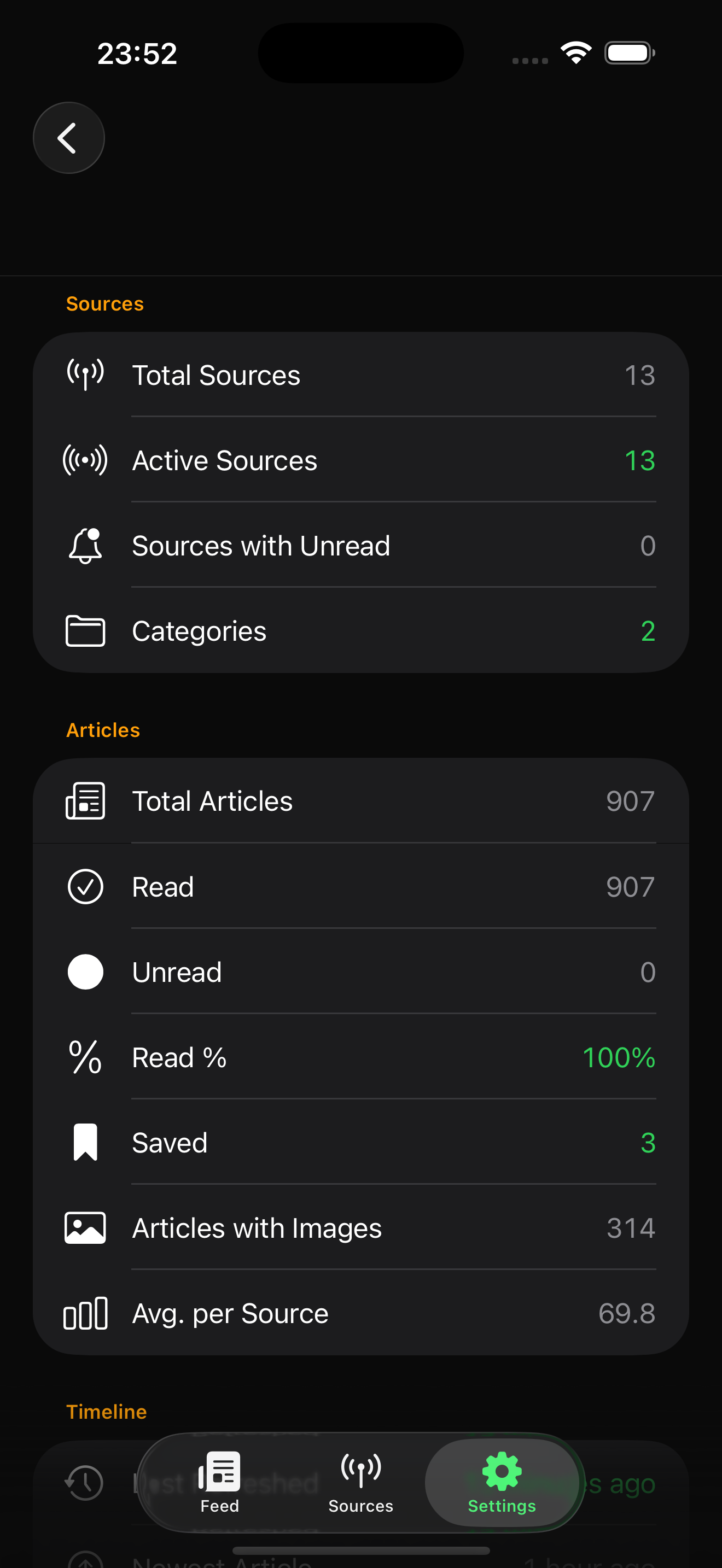 ChronoFeed Statistics screen with source and article counts.
