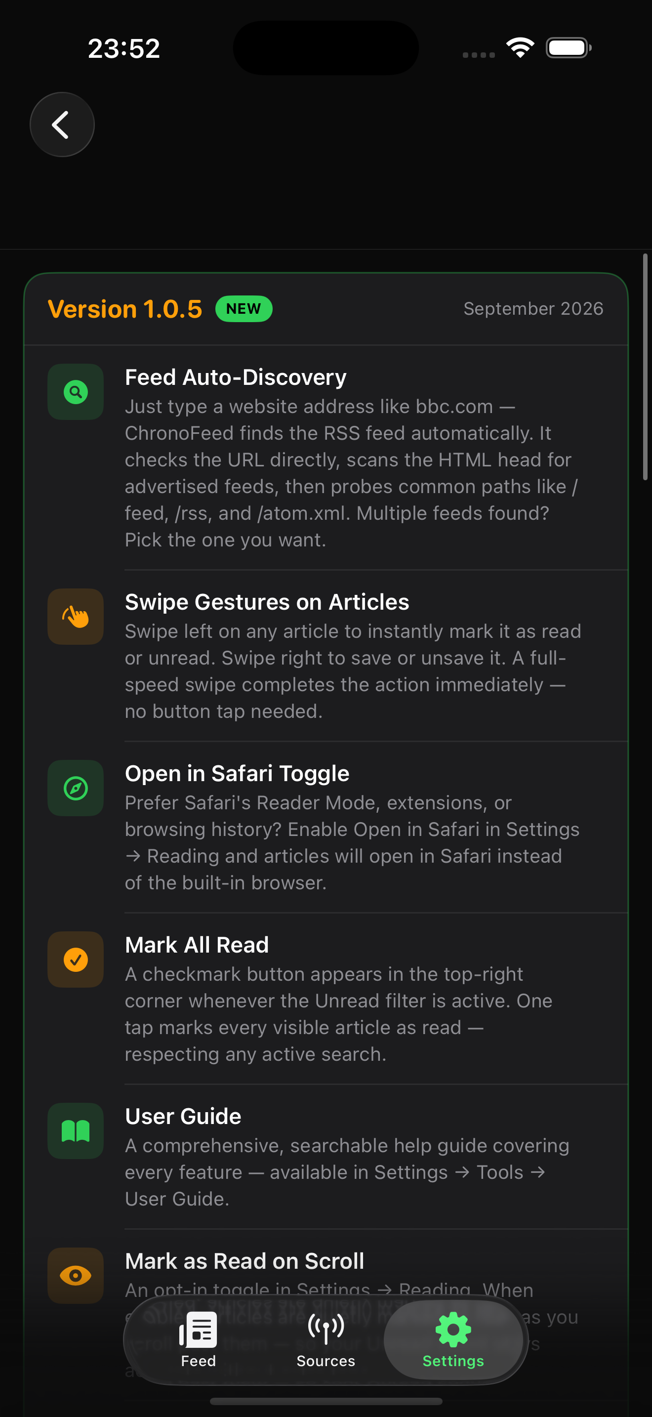 ChronoFeed What’s New screen for version 1.0.5.