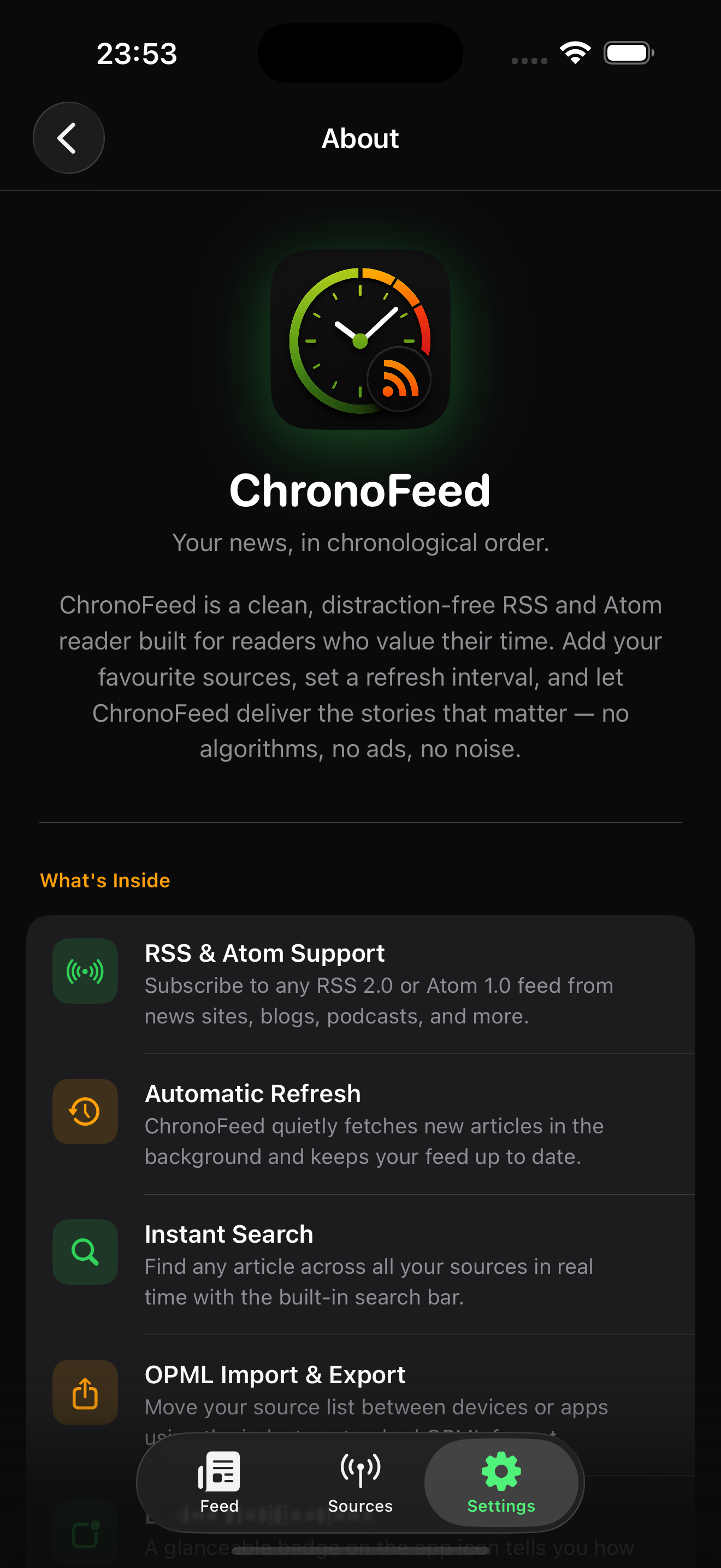 ChronoFeed About screen with the app icon, tagline, and feature cards.