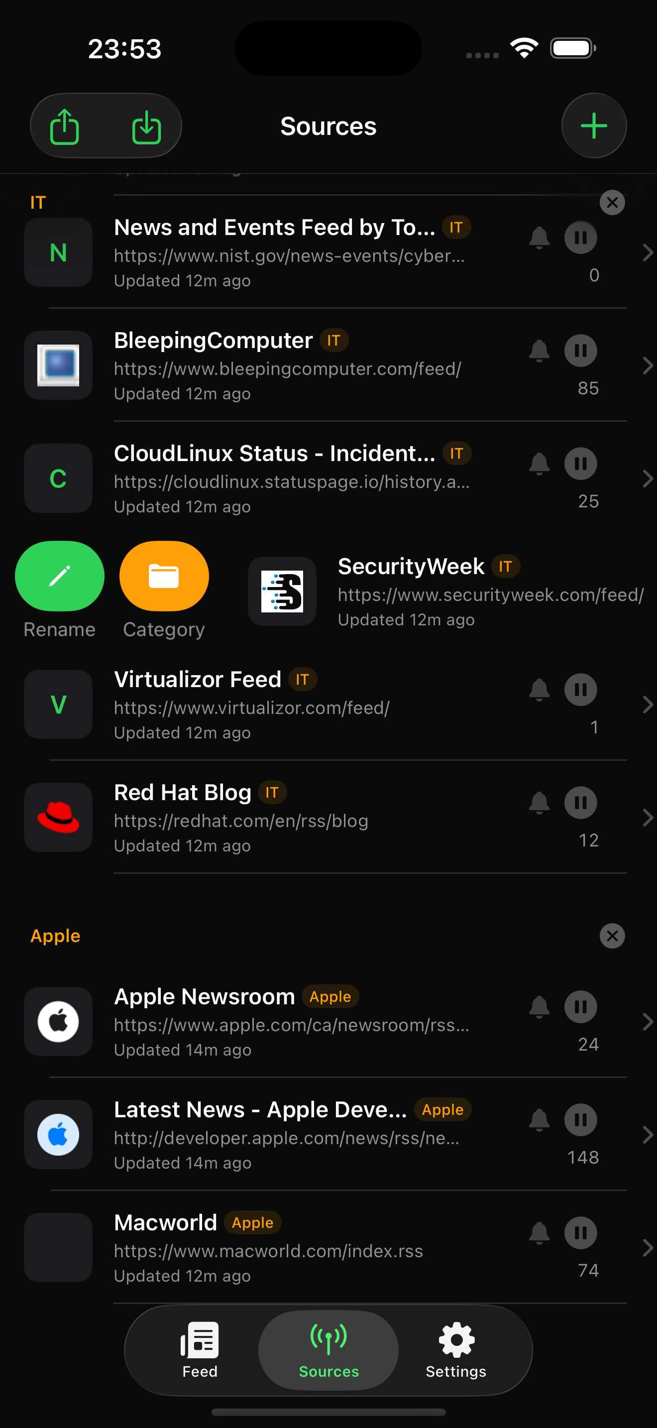 ChronoFeed Sources list with rename and category swipe actions.